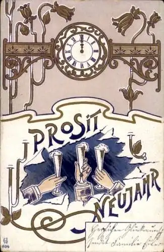 Litho Prosit Neujahr, Uhr, Sektgelage