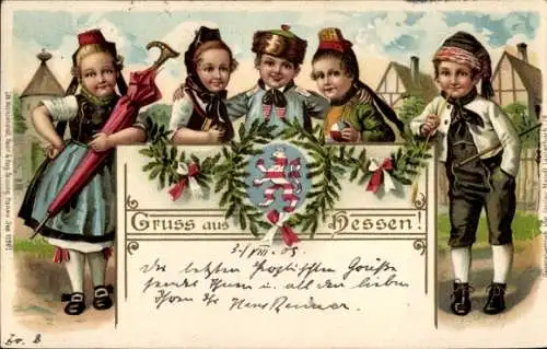 Wappen Litho Gruß aus Hessen, Hessener Landestrachten