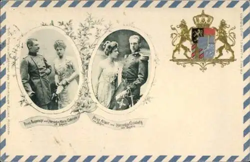 Präge Wappen Ak Prinz Albert, Herzogin Marie Gabriele von Bayern, Prinz Albert, Herzogin Elisabeth