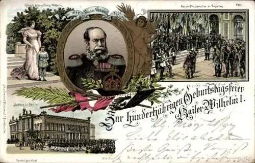 Litho Kaiser Wilhelm I., 100jh. Jubiläum 1897, Kaiserproklamation in Versailles 1871, Königin Luise