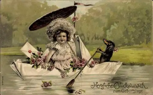 Präge Litho Gage d'Amitié, Dackel, Mädchen, Papierboot