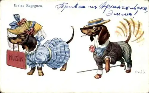 Künstler Ak Dackel, Erste Begegnung