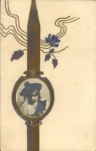 Passepartout Ak Portrait Mädchen mit Katze