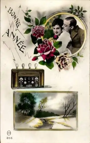 Ak Frohes Neujahr, Liebespaar, Wintermotiv, Radio