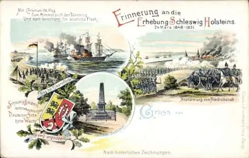 Litho Idstedt in Schleswig Holstein, Erhebung Schleswig Holsteins 1848,Bestürmung von Friedrichstadt