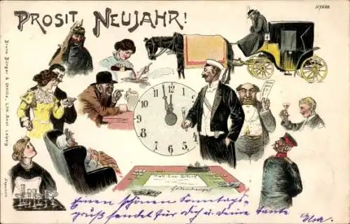 Litho Glückwunsch Neujahr, Uhr, Kellnerin, Kutsche, Paar, schlafende Frau, Quittung