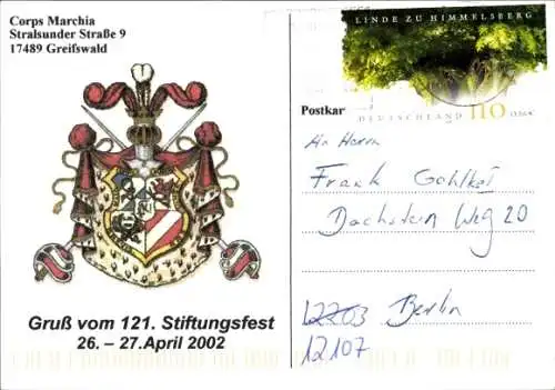 Studentika Ak Greifswald, Corps Marchia, Stralsunder Straße 9, 121. Stiftungsfest 2002, Wappen