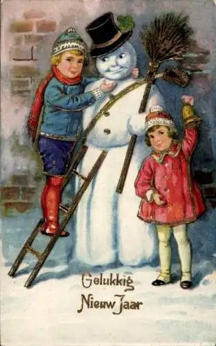 Glitzer Ak Glückwunsch Neujahr, Kinder, Schneemann