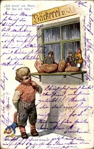 Künstler Ak Moos, Ich kenn ein Herz für das ich bete, Junge vor der Bäckerei, Lebkuchen