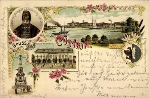 Litho Kostrzyn nad Odrą Cüstrin Küstrin Ostbrandenburg, Markgraf, Mittelschule, Kriegerdenkmal