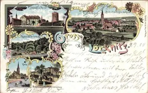 Litho Löcknitz in Vorpommern, Schloss, Ruine, Heidemühle, Kirche, Postgebäude, Chausseestraße