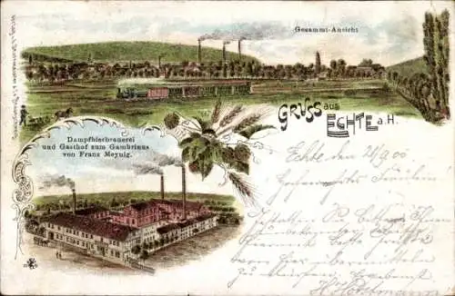 Litho Echte Kalefeld in Niedersachsen, Dampfbierbrauerei und Gasthof zum Gambrinus, Inh. Fr. Meynig