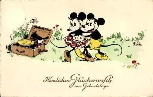 Ak Glückwunsch Geburtstag, Plattenspieler, Mäuse