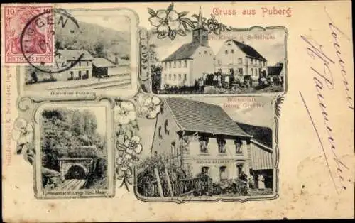 Ak Puberg Elsass Bas Rhin, Bahnhof, Evangelische Kirche, Schule, Wirtschaft Georg Greiner