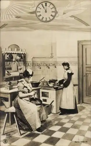 Ak Frauen bei der Küchenarbeit um 11 Uhr