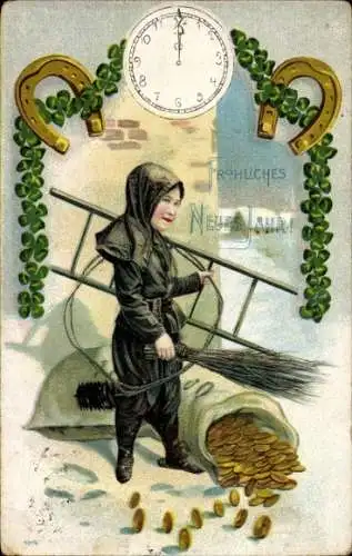 Ak Frohes Neujahr, Schornsteinfeger, Hufeisen, Kleebatt