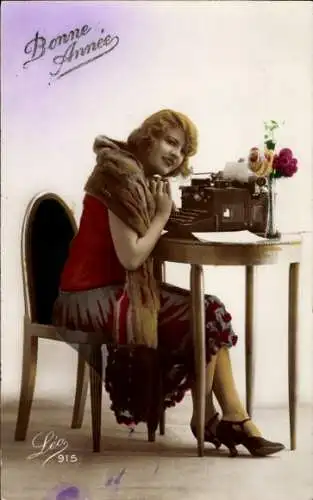 Ak Frohes Neujahr, Frau mit Schreibmaschine