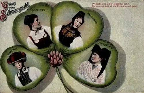 Ak Gruss vom Schwarzwald, Kleeblatt, Gutacherin, Neustädterin, Markgraflerin, Schapacherin