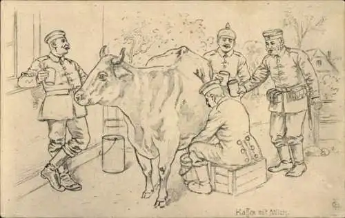 Künstler Ak Kaffee mit Milch, Soldaten bedienen sich an Kuh