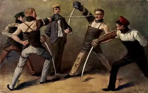 Studentika Künstler Ak Mühlberg, Georg, Säbelmensur, fechtende Studenten