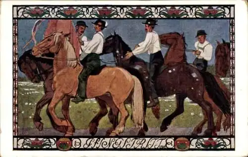 Künstler Ak Pfingstritt, Vier man zu Pferde
