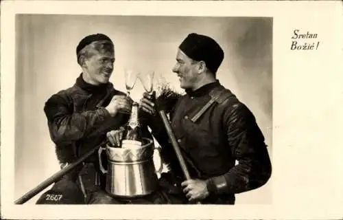 Ak Frohe Weihnachten, Zwei Schornsteinfeger stoßen an