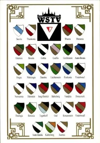 Studentika Ak Wien, WSTV, Verbindungswappen, Corpswappen, Rhaetia, Rhenania, Vandalia, Gothia