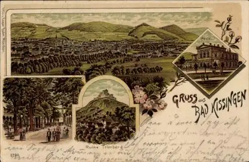 Litho Bad Kissingen Unterfranken Bayern, Gesamtansicht, Ruine Trimberg, Allee