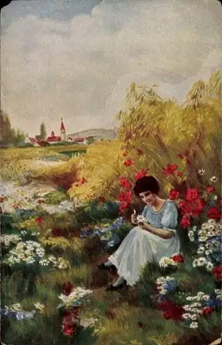 Künstler Ak Frauenbildnis, Blumen, Er lebt mich