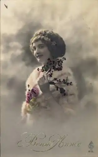 Ak Neujahr, Junge Frau mit Blumen, Portrait