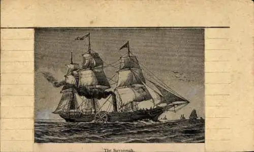 Zeichnung vom Segelschiff Savannah mit Dampfmaschine
