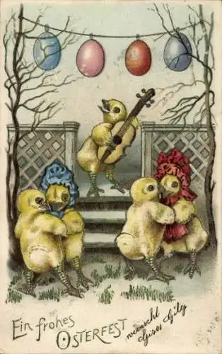 Glitzer Ak Glückwunsch Ostern, tanzende Küken