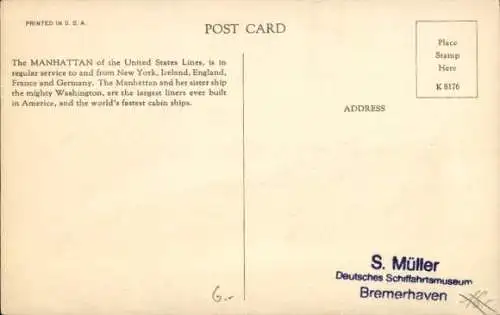 Ak Dampfer SS Manhattan, USL