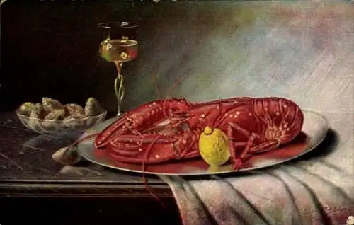 Künstler Ak Stillleben, Hummer, Zitrone