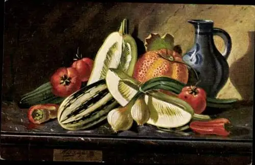 Künstler Ak Stillleben, Gemüse, Kürbis, Tomaten