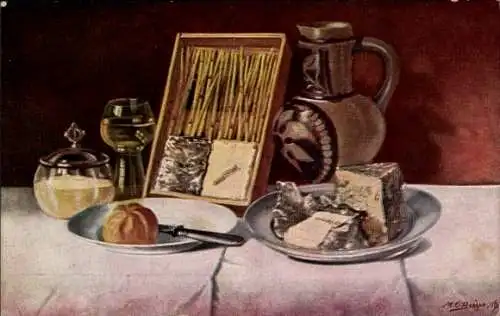Künstler Ak Stillleben, Brötchen, Wein, Käse