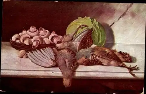 Künstler Ak Stillleben, tote Vögel, Champignons