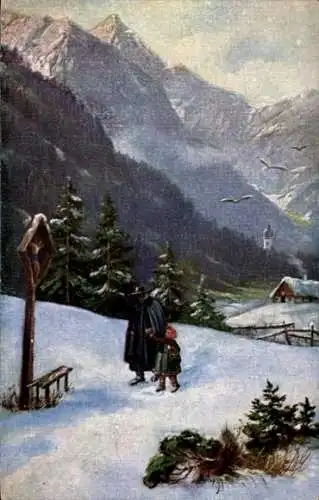 Ak Winter im Hochgebirge, Mann mit Kind, Schnee, Haus