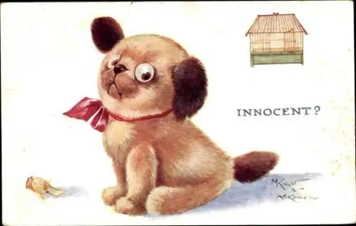 Künstler Ak Knight, M., Hund, Toter Vogel, Käfig