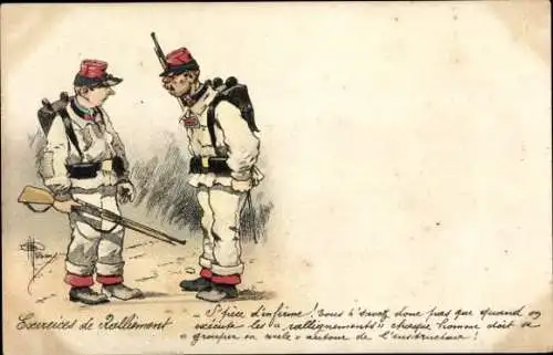 Künstler Litho Französische Soldaten in Uniformen, Gespräch, Militär