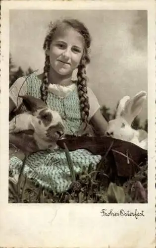 Ak Frohes Osterfest, Mädchen mit zwei Kaninchen