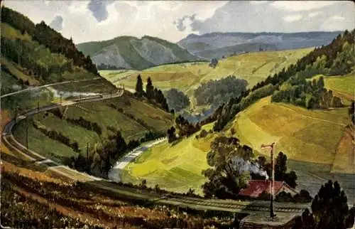 Künstler Ak Bad Kudowa Schlesien, Ort mit Bahngleisen