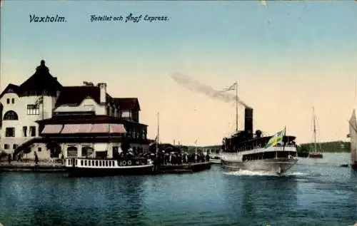 Ak Vaxholm Schweden, Hafenansicht, Fähre, Hotel, Gebäude, Wasser, Segelboote