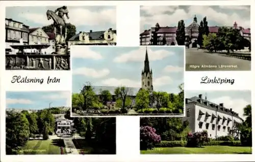 Ak Linköping Schweden, Postkarte mit Domkyrkan, Slottet, Högre Allmänna Läroverket, Folk Filippen