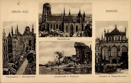 Ak Gdańsk Danzig, Marienkirche, Frauengasse, Langebrücke, Krantor