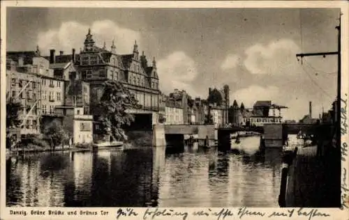 Ak Gdańsk Danzig,  Grüne Brücke, Grünes Tor, Flusslandschaft, Stadtarchitektur