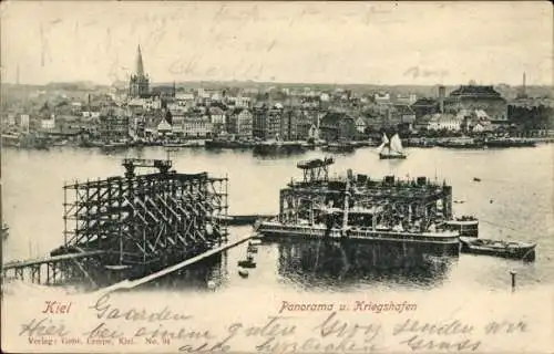 Ak Kiel, Panorama vom Kriegshafen, Stadtansicht, Hafenanlage, Kirche