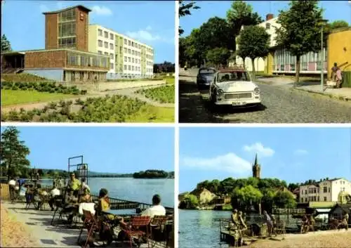 Ak Feldberg in Mecklenburg, Hotelgebäude, Straße mit Auto, See mit Bänken, Kirche im Hintergrund