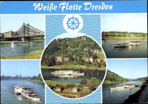 Ak Dresden Altstadt Friedrichstadt, Weiße Flotte, Schiffe, Brücken, Natur,  Flusslandschaft