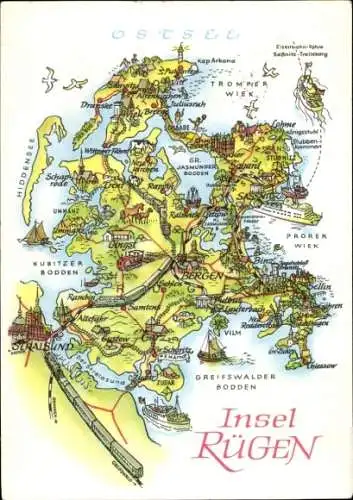 Landkarten Riesen Ak Insel Rügen, Tromper Wiek, Prorer Wiek, Greifswalder Bodden